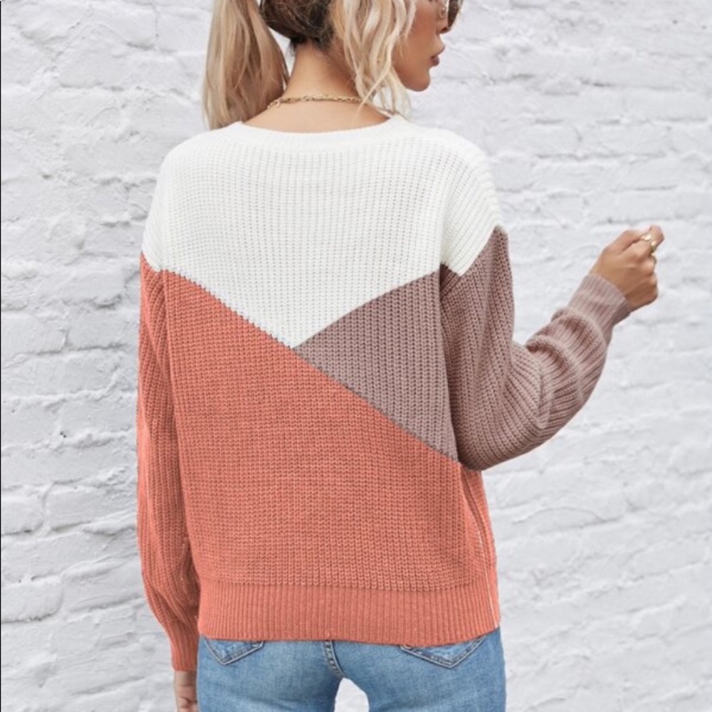 Pink gray color block knit sweater top - Picture 3 of 7